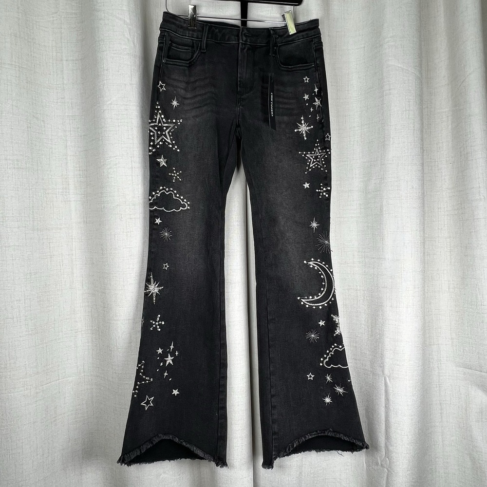 DRIFTWOOD Black Bootcut Jeans with White Star & Moon Embroidery